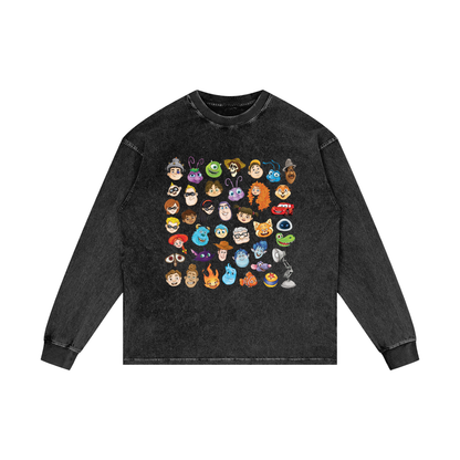 Watercolour Disney Pixar Protagonist Icons Black Acid Wash Long Sleeve T-Shirt, Toy Story, A Bug’s Life, Monsters, Inc., Finding Nemo, The Incredibles, Cars, Ratatouille, WALL-E, Up, Brave, Inside Out, The Good Dinosaur, Coco, Onward, Soul, Luca, Turning Red, Elemental, Elio, Hoppers, Gatto