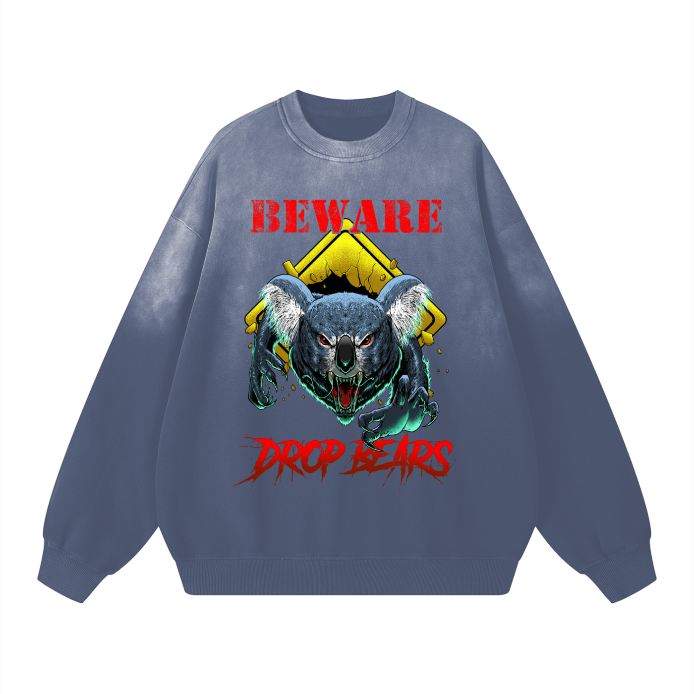 Beware Drop Bear Sunfaded Acid Wash Dusty Navy Sweatshirt