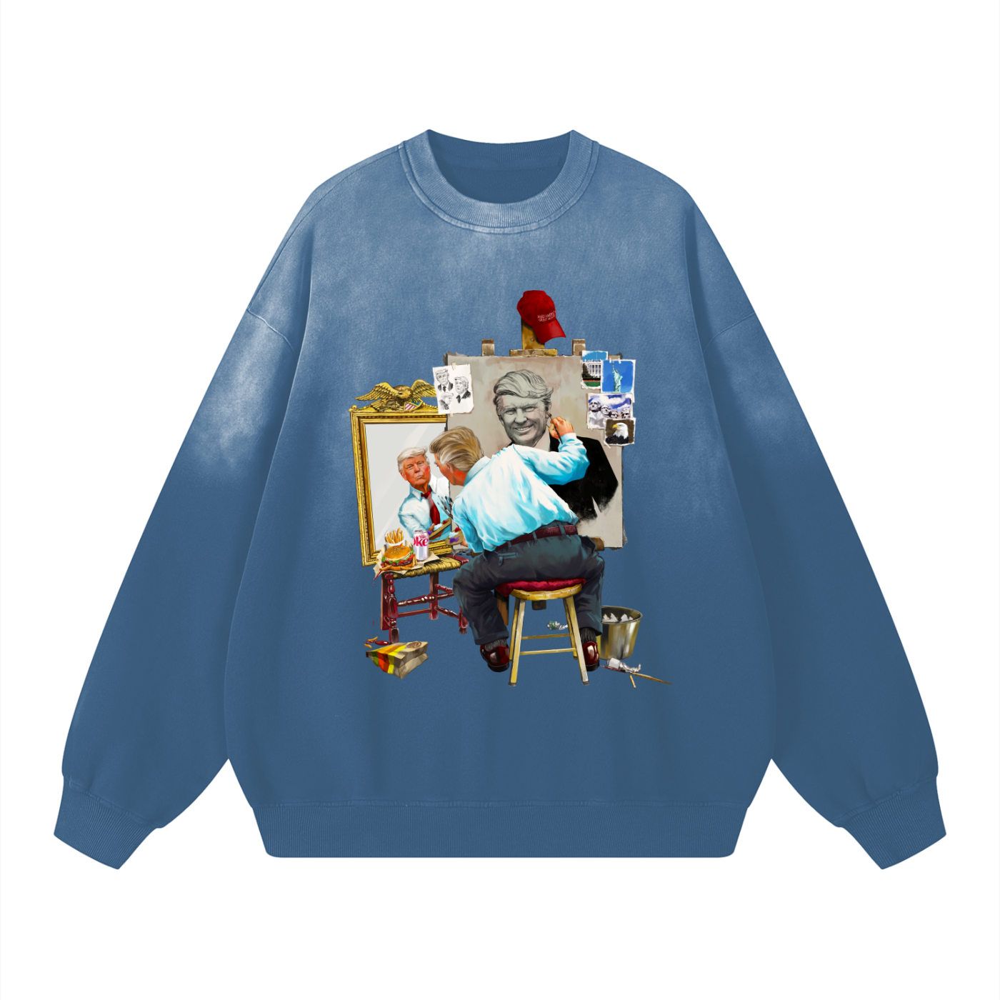 Donald Trump Triple Self Portrait Sunfaded Acid Wash Midnight Steel Blue Sweatshirt