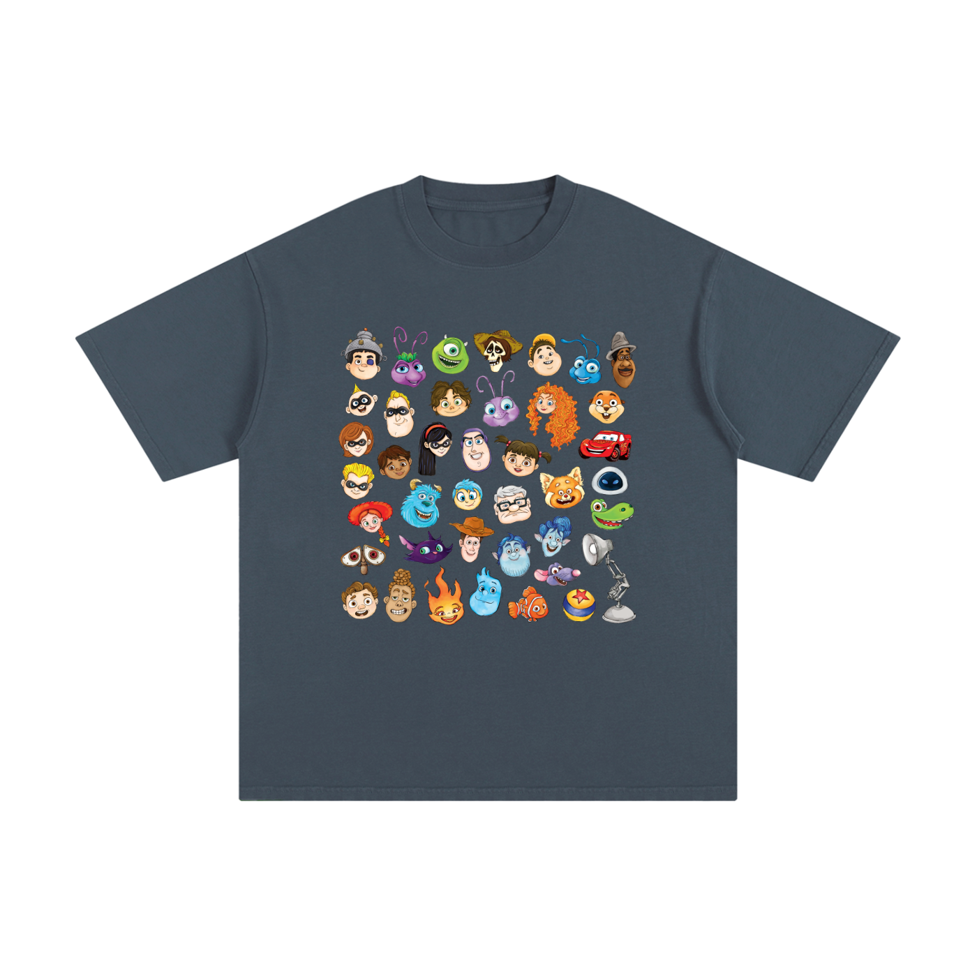 Watercolour Disney Pixar Protagonist Icons Charcoal Blue Classic Tee, Toy Story, A Bug’s Life, Monsters, Inc., Finding Nemo, The Incredibles, Cars, Ratatouille, WALL-E, Up, Brave, Inside Out, The Good Dinosaur, Coco, Onward, Soul, Luca, Turning Red, Elemental, Elio, Hoppers, Gatto
