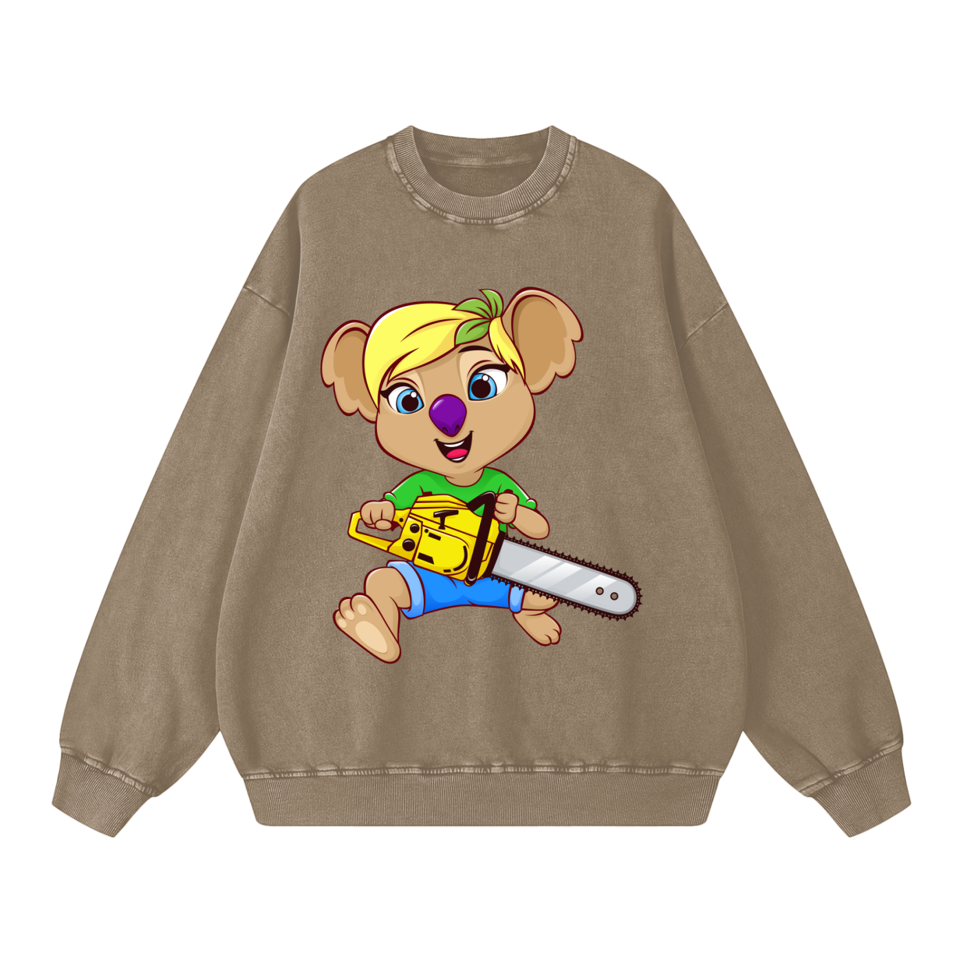 Disney Style Koala Chainsaw Acid Wash Warm Taupe Sweatshirt