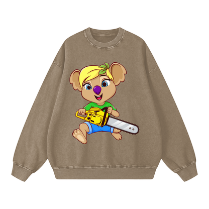 Disney Style Koala Chainsaw Acid Wash Warm Taupe Sweatshirt