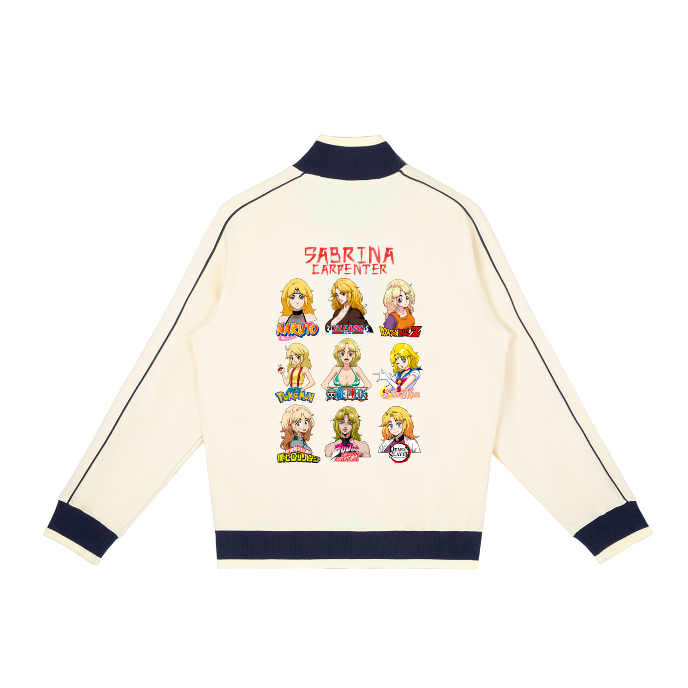 Sabrina Carpenter Anime Art Styles Vanilla Cream Retro Raglan Zip-Up Track Jacket, Naruto, Bleach, Dragon Ball Z, Pokémon, One Piece, Sailor Moon, My Hero Academia, Jojo's Bizarre Adventure, Demon Slayer