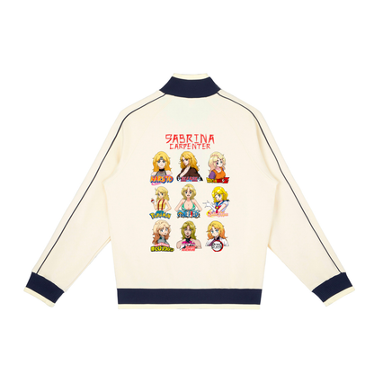 Sabrina Carpenter Anime Art Styles Vanilla Cream Retro Raglan Zip-Up Track Jacket, Naruto, Bleach, Dragon Ball Z, Pokémon, One Piece, Sailor Moon, My Hero Academia, Jojo's Bizarre Adventure, Demon Slayer