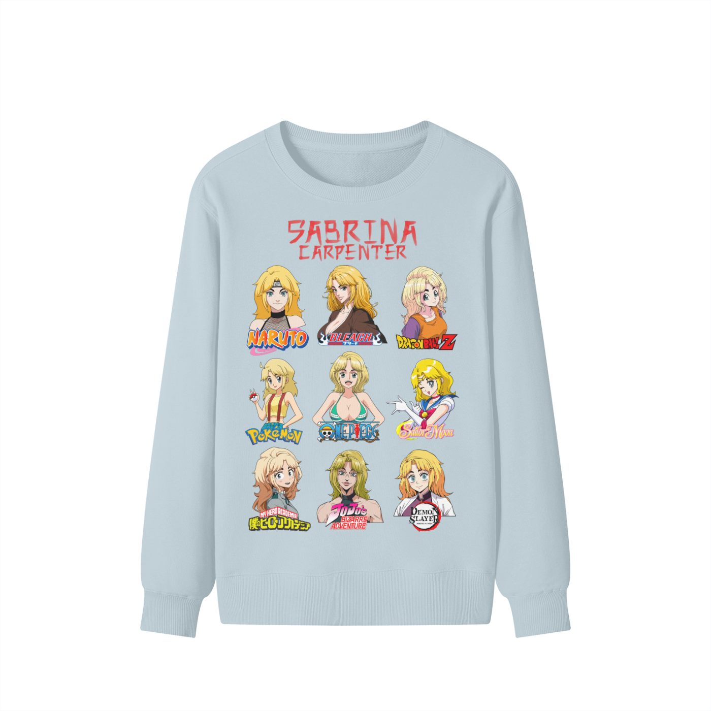 Sabrina Carpenter Anime Art Styles Pale Aqua Classic Sweatshirt, Naruto, Bleach, Dragonball Z, Pokémon, One Piece, Sailor Moon, My Hero Academia, Jojo's Bizarre Adventure, Demon Slayer