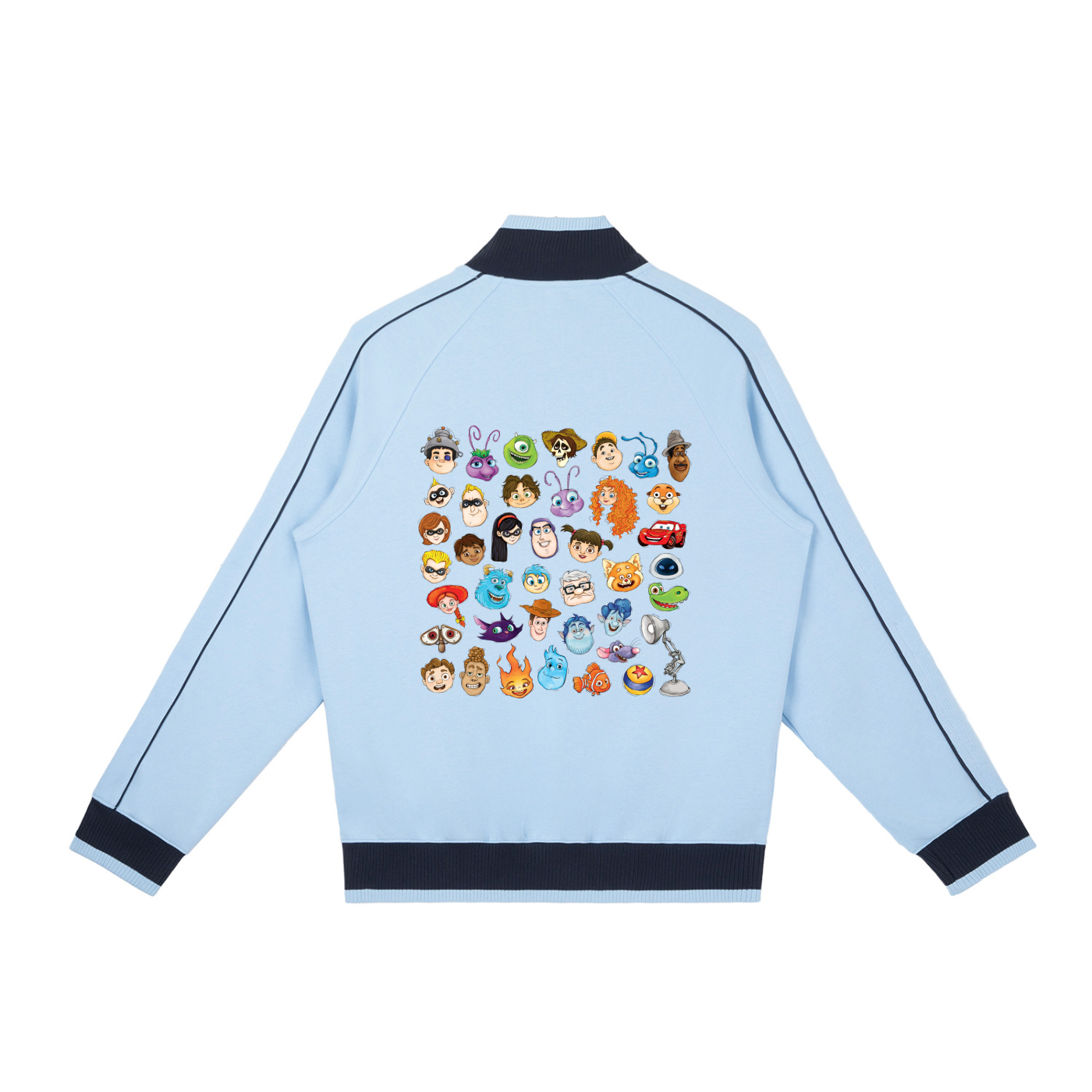 Watercolour Disney Pixar Protagonist Icons Sky Blue Retro Raglan Zip-Up Track Jacket, Toy Story, A Bug’s Life, Monsters, Inc., Finding Nemo, The Incredibles, Cars, Ratatouille, WALL-E, Up, Brave, Inside Out, The Good Dinosaur, Coco, Onward, Soul, Luca, Turning Red, Elemental, Elio, Hoppers, Gatto
