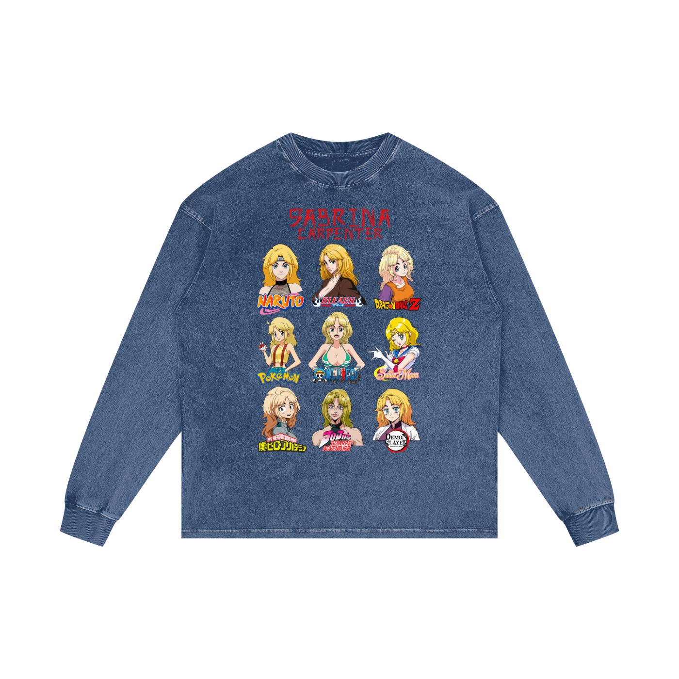 Sabrina Carpenter Anime Art Styles Dark Blue Acid Wash Long Sleeve Tee, Naruto, Bleach, Dragonball Z, Pokémon, One Piece, Sailor Moon, My Hero Academia, Jojo's Bizarre Adventure, Demon Slayer
