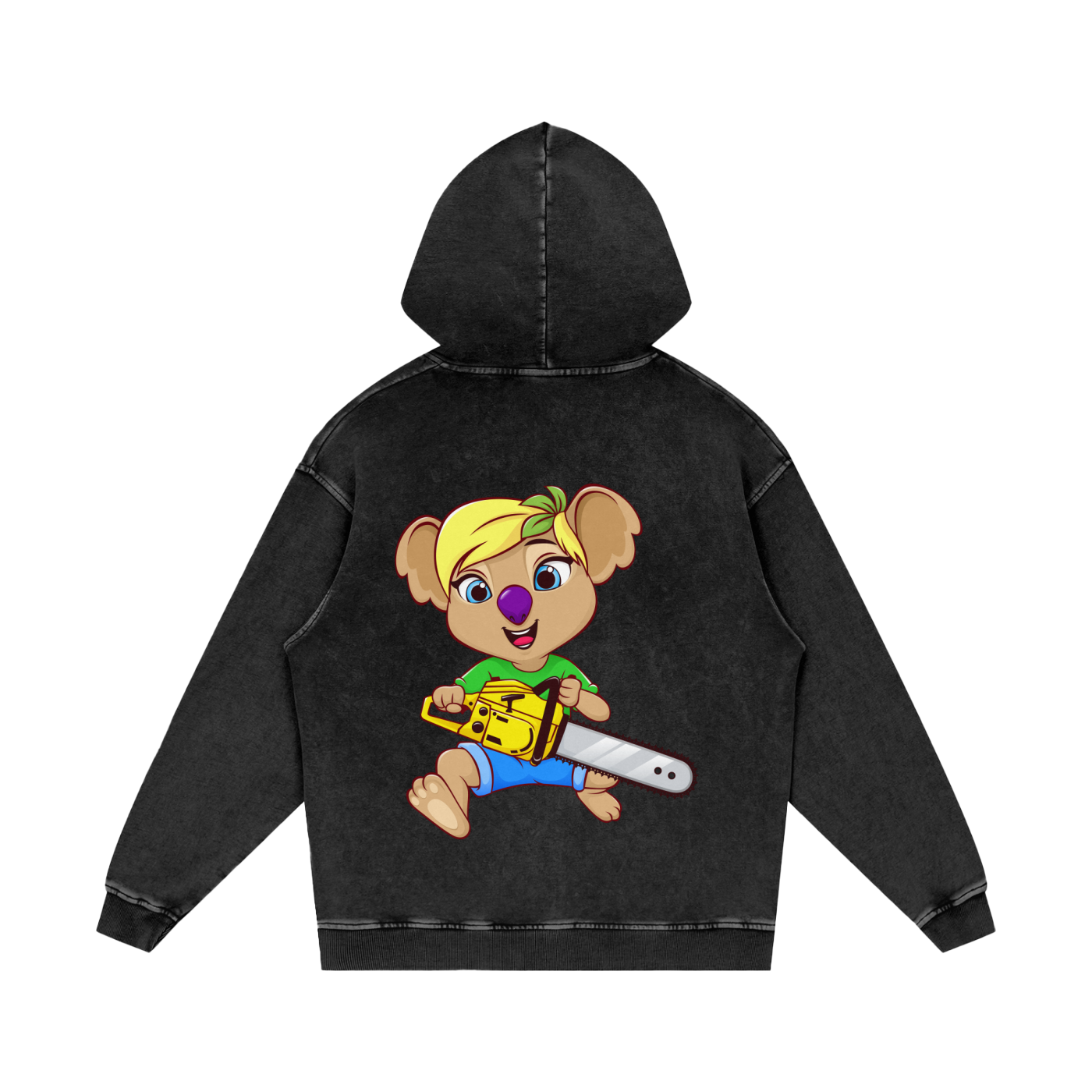 Disney Style Koala Chainsaw Acid Wash Black Hoodie