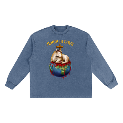 Jesus Is Love Snow Washed Long Sleeve Chambray Blue Tee