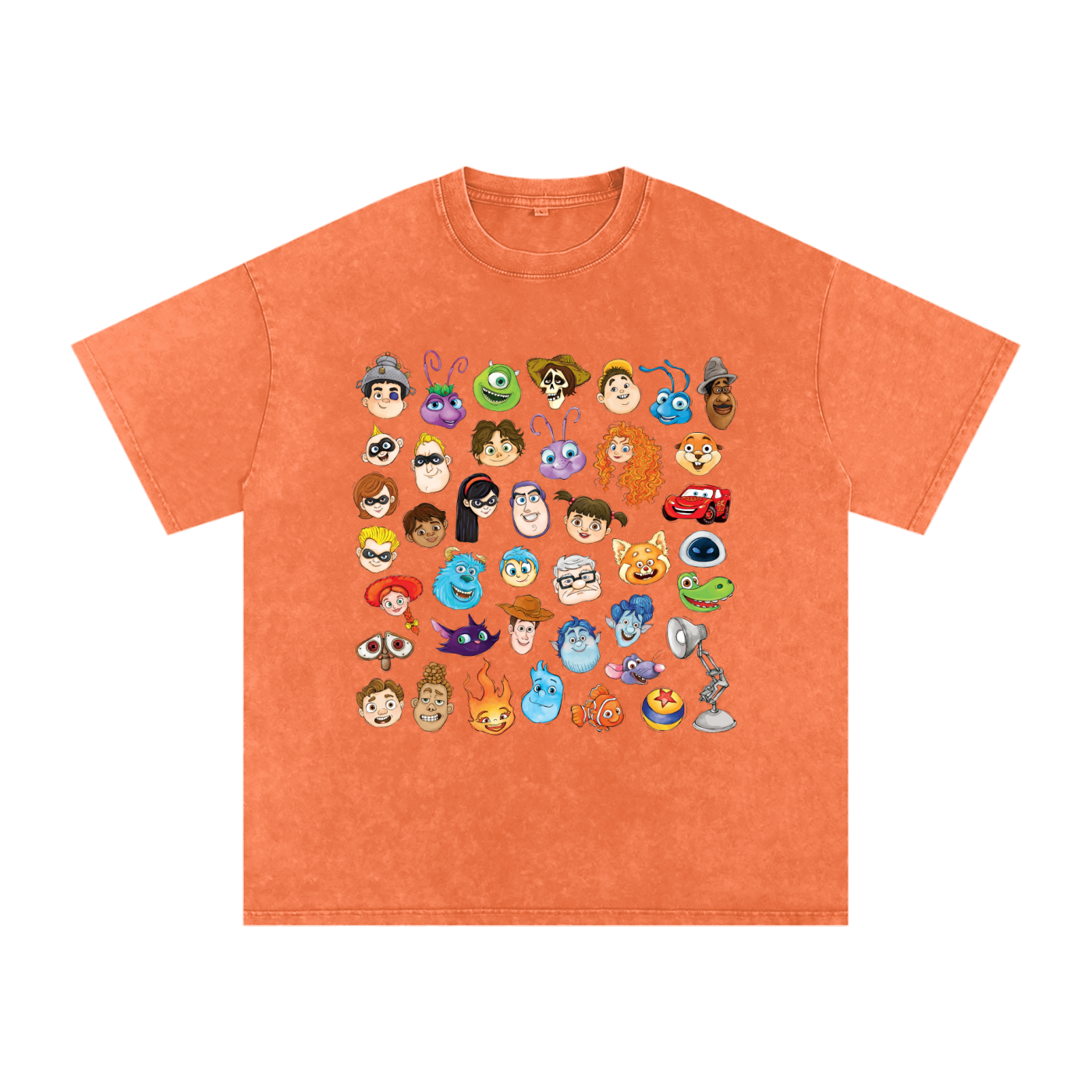 Watercolour Disney Pixar Protagonist Icons Orange Acid Wash Tee, Toy Story, A Bug’s Life, Monsters, Inc., Finding Nemo, The Incredibles, Cars, Ratatouille, WALL-E, Up, Brave, Inside Out, The Good Dinosaur, Coco, Onward, Soul, Luca, Turning Red, Elemental, Elio, Hoppers, Gatto