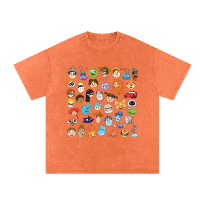 Watercolour Disney Pixar Protagonist Icons Orange Acid Wash Tee, Toy Story, A Bug’s Life, Monsters, Inc., Finding Nemo, The Incredibles, Cars, Ratatouille, WALL-E, Up, Brave, Inside Out, The Good Dinosaur, Coco, Onward, Soul, Luca, Turning Red, Elemental, Elio, Hoppers, Gatto