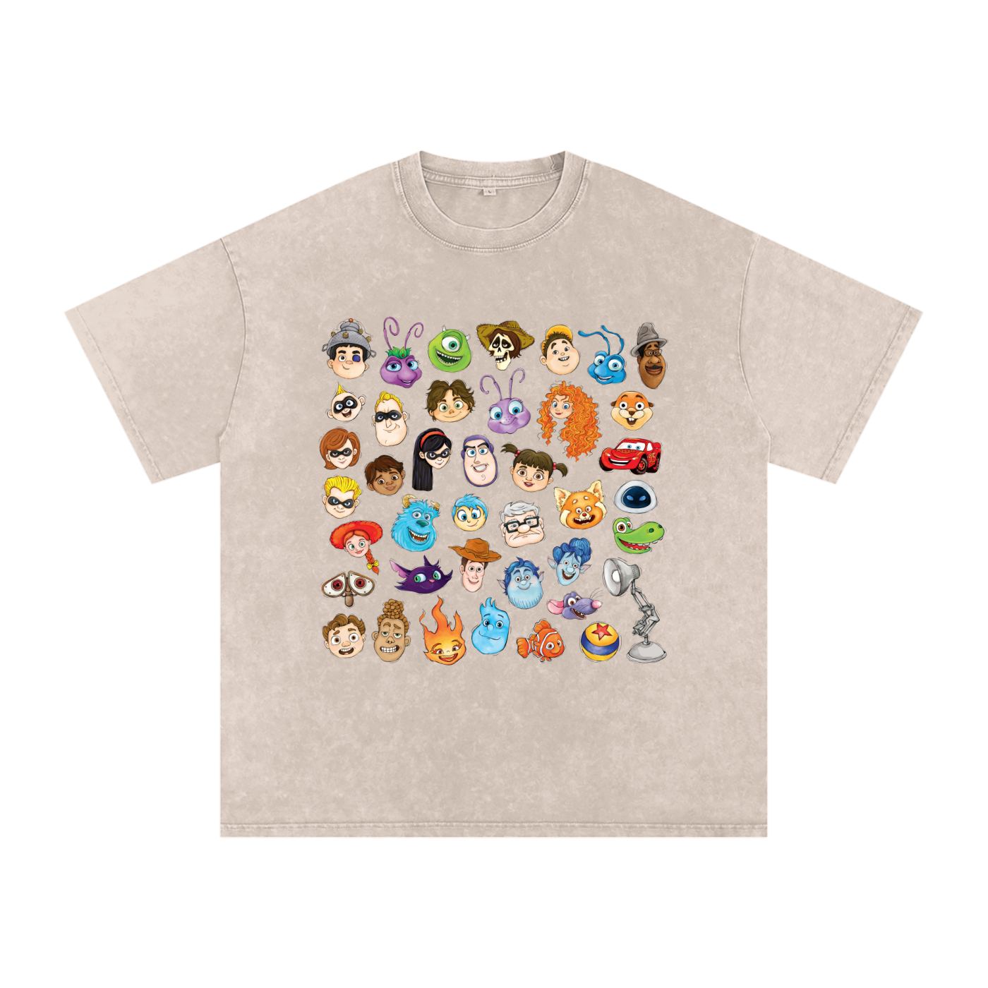 Watercolour Disney Pixar Protagonist Icons Light Khaki Acid Wash Tee, Toy Story, A Bug’s Life, Monsters, Inc., Finding Nemo, The Incredibles, Cars, Ratatouille, WALL-E, Up, Brave, Inside Out, The Good Dinosaur, Coco, Onward, Soul, Luca, Turning Red, Elemental, Elio, Hoppers, Gatto