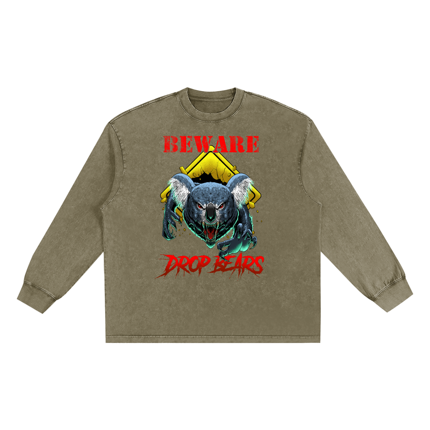 Beware Drop Bear Snow Washed Long Sleeve Military Green Tee