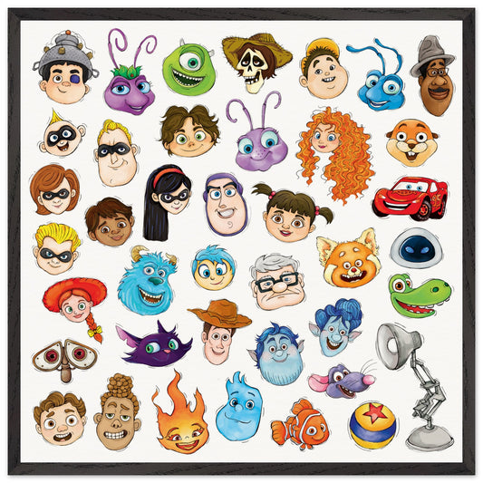 Watercolour Disney Pixar Protagonist Icons Black Frame Premium Luxury Wooden Framed Poster, Toy Story, A Bug’s Life, Monsters, Inc., Finding Nemo, The Incredibles, Cars, Ratatouille, WALL-E, Up, Brave, Inside Out, The Good Dinosaur, Coco, Onward, Soul, Luca, Turning Red, Elemental, Elio, Hoppers, Gatto
