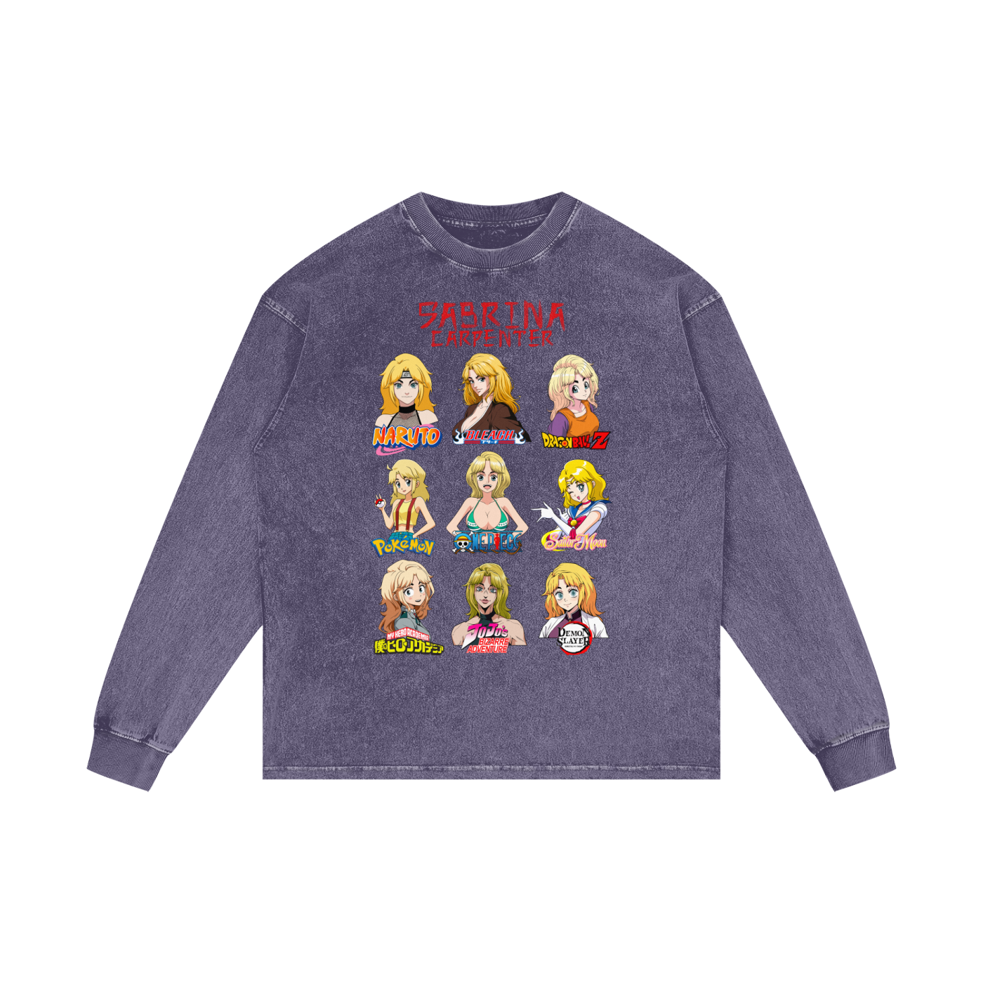 Sabrina Carpenter Anime Art Styles Purple Haze Acid Wash Long Sleeve Tee, Naruto, Bleach, Dragonball Z, Pokémon, One Piece, Sailor Moon, My Hero Academia, Jojo's Bizarre Adventure, Demon Slayer