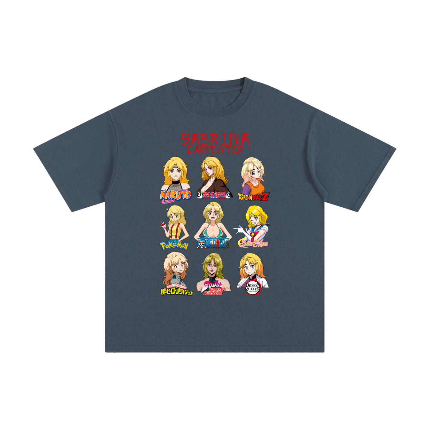Sabrina Carpenter Anime Art Styles Charcoal Blue Classic Tee, Naruto, Bleach, Dragonball Z, Pokémon, One Piece, Sailor Moon, My Hero Academia, Jojo's Bizarre Adventure, Demon Slayer