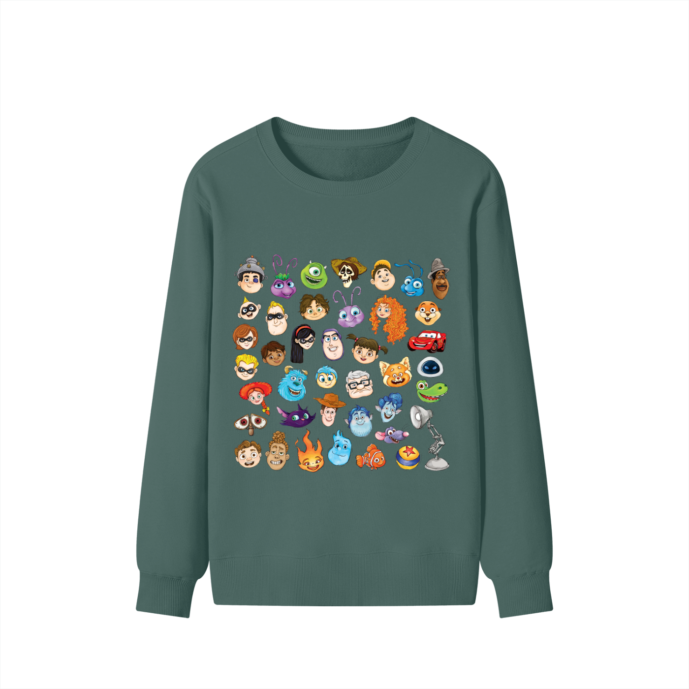 Watercolour Disney Pixar Protagonist Icons Forest Green Classic Sweatshirt, Toy Story, A Bug’s Life, Monsters, Inc., Finding Nemo, The Incredibles, Cars, Ratatouille, WALL-E, Up, Brave, Inside Out, The Good Dinosaur, Coco, Onward, Soul, Luca, Turning Red, Elemental, Elio, Hoppers, Gatto