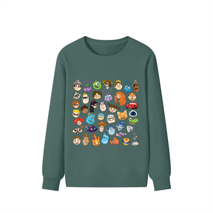 Watercolour Disney Pixar Protagonist Icons Forest Green Classic Sweatshirt, Toy Story, A Bug’s Life, Monsters, Inc., Finding Nemo, The Incredibles, Cars, Ratatouille, WALL-E, Up, Brave, Inside Out, The Good Dinosaur, Coco, Onward, Soul, Luca, Turning Red, Elemental, Elio, Hoppers, Gatto