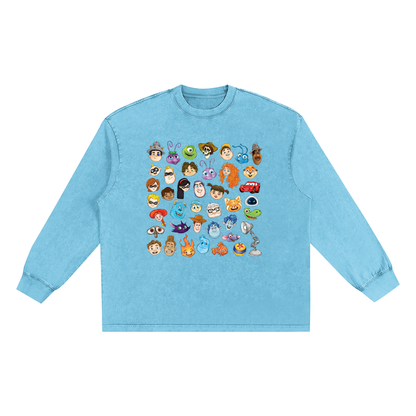 Watercolour Disney Pixar Protagonist Icons Sky Blue Snow Washed Long Sleeve Tee, Toy Story, A Bug’s Life, Monsters, Inc., Finding Nemo, The Incredibles, Cars, Ratatouille, WALL-E, Up, Brave, Inside Out, The Good Dinosaur, Coco, Onward, Soul, Luca, Turning Red, Elemental, Elio, Hoppers, Gatto