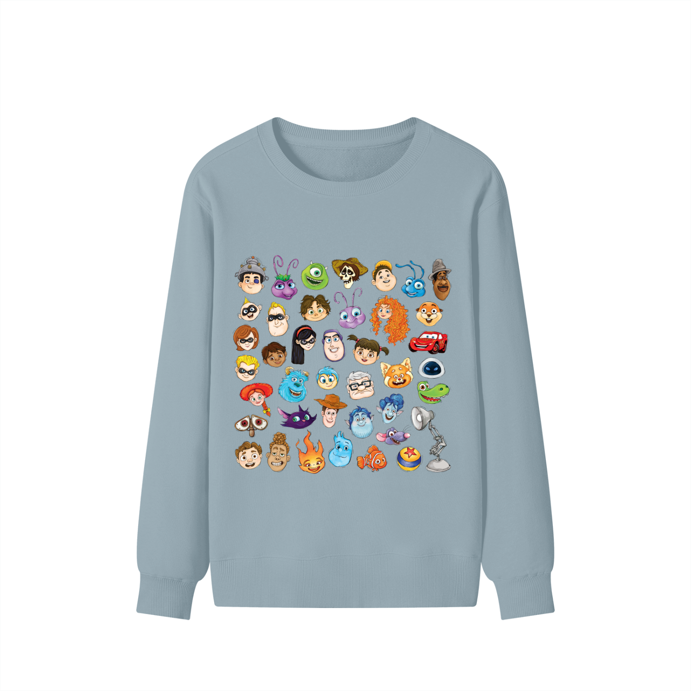 Watercolour Disney Pixar Protagonist Icons Pale Aqua Classic Sweatshirt, Toy Story, A Bug’s Life, Monsters, Inc., Finding Nemo, The Incredibles, Cars, Ratatouille, WALL-E, Up, Brave, Inside Out, The Good Dinosaur, Coco, Onward, Soul, Luca, Turning Red, Elemental, Elio, Hoppers, Gatto