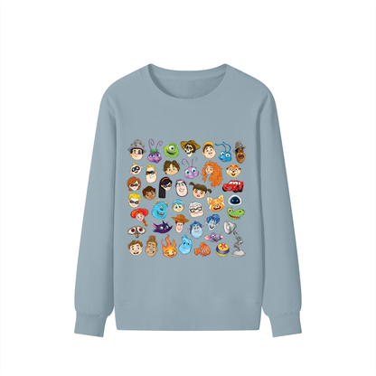 Watercolour Disney Pixar Protagonist Icons Pale Aqua Classic Sweatshirt, Toy Story, A Bug’s Life, Monsters, Inc., Finding Nemo, The Incredibles, Cars, Ratatouille, WALL-E, Up, Brave, Inside Out, The Good Dinosaur, Coco, Onward, Soul, Luca, Turning Red, Elemental, Elio, Hoppers, Gatto