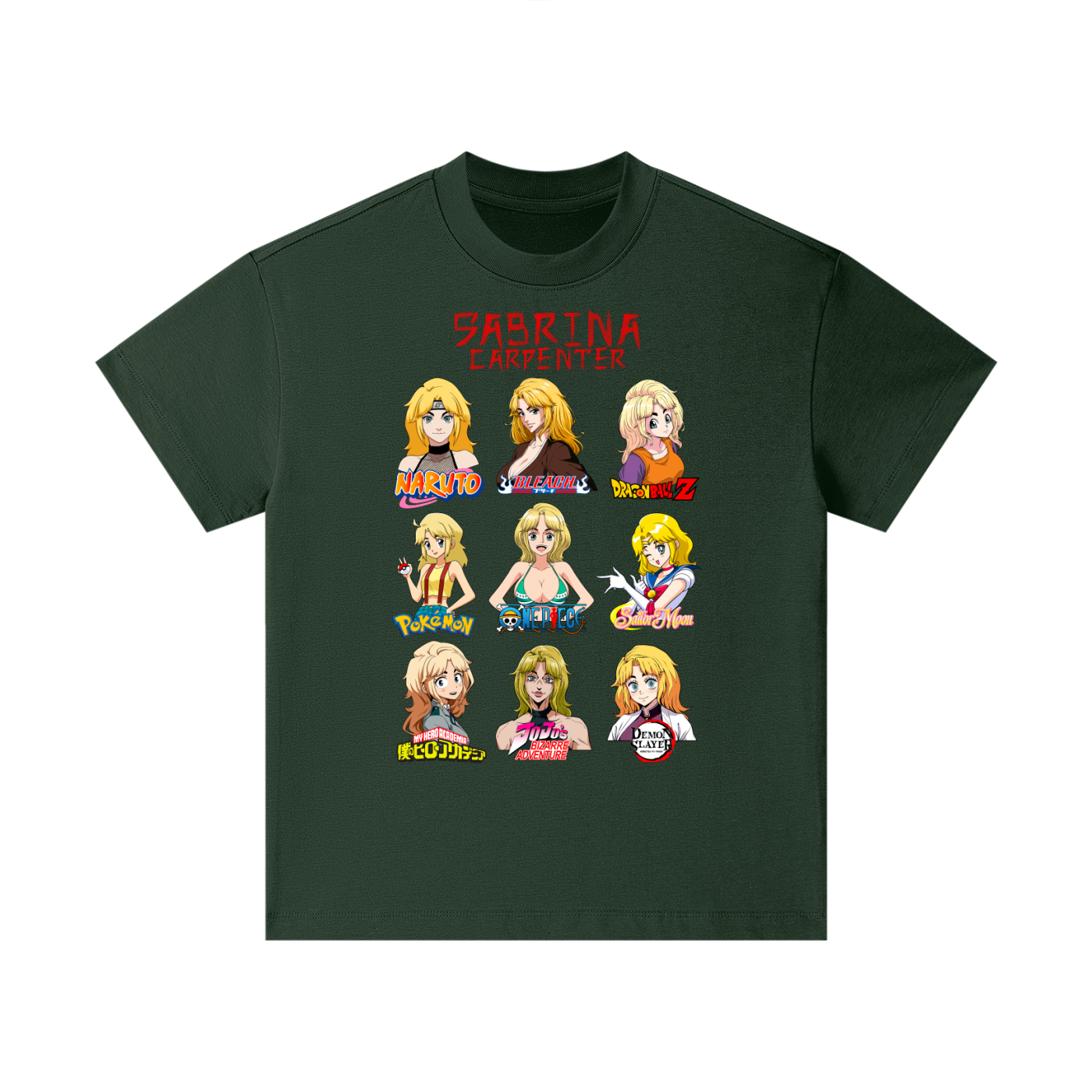 Sabrina Carpenter Anime Art Styles Forest Green Classic Kids' Tee, Naruto, Bleach, Dragonball Z, Pokémon, One Piece, Sailor Moon, My Hero Academia, Jojo's Bizarre Adventure, Demon Slayer