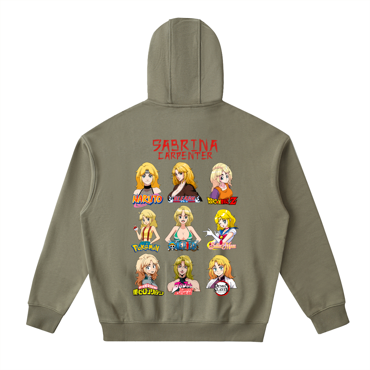 Sabrina Carpenter Anime Art Styles Army Green Classic Zip-Up Hoodie, Naruto, Bleach, Dragonball Z, Pokémon, One Piece, Sailor Moon, My Hero Academia, Jojo's Bizarre Adventure, Demon Slayer