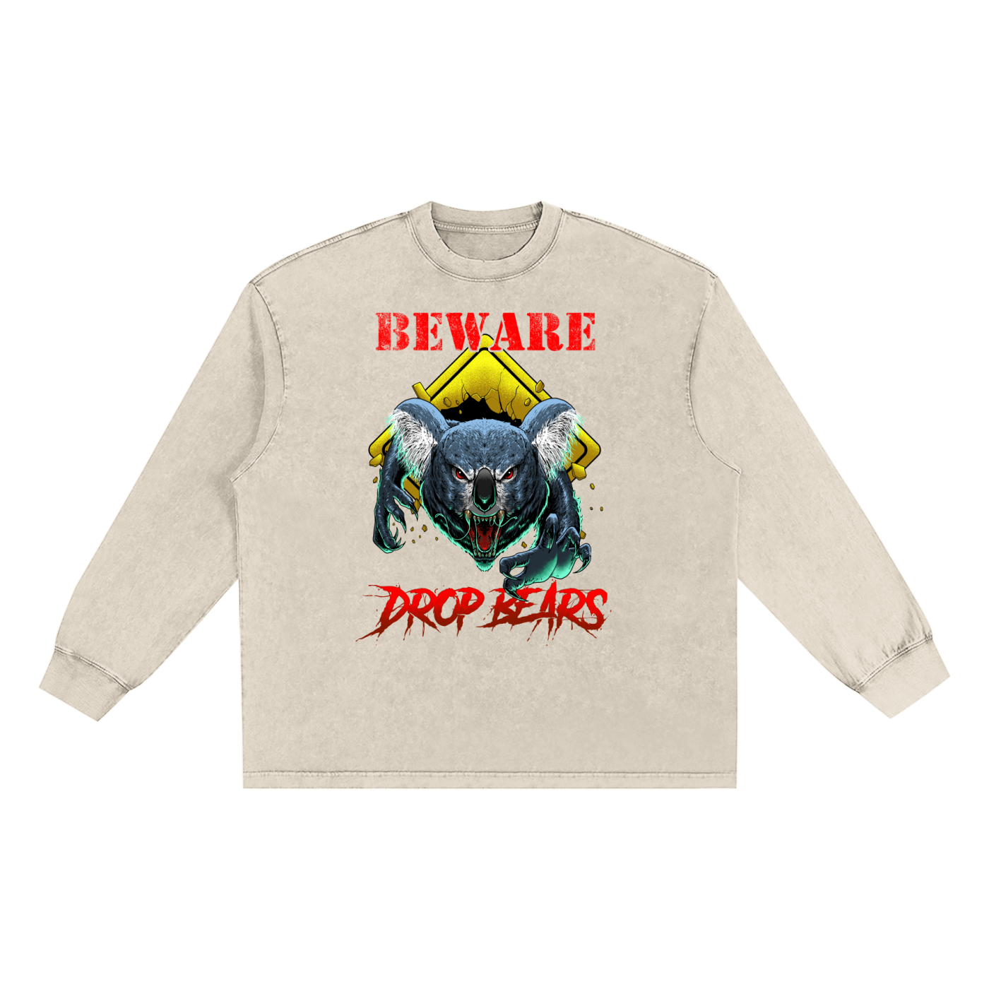 Beware Drop Bear Snow Washed Long Sleeve Light Khaki Tee