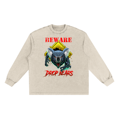 Beware Drop Bear Snow Washed Long Sleeve Light Khaki Tee