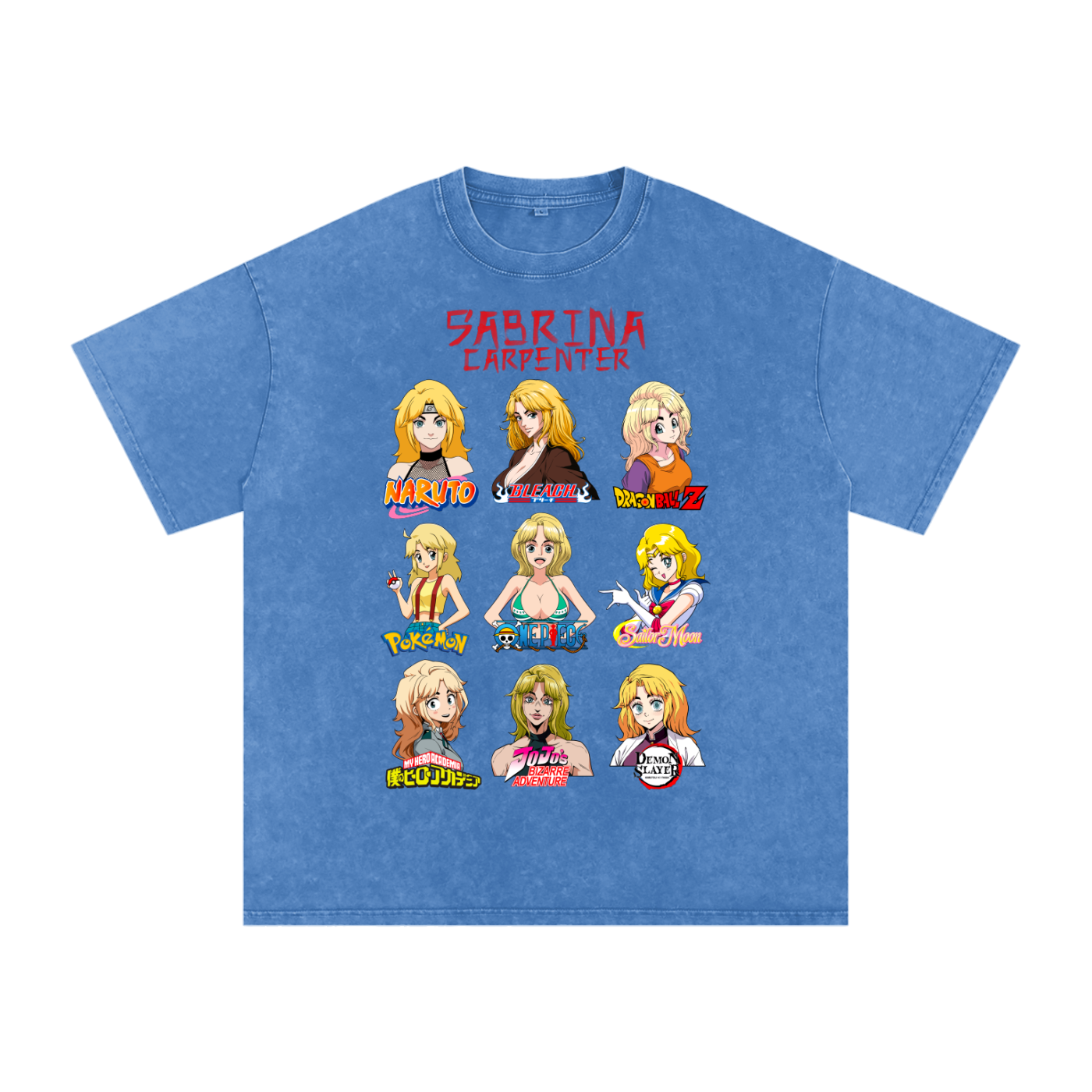 Sabrina Carpenter Anime Art Styles Light Blue Acid Wash Tee, Naruto, Bleach, Dragonball Z, Pokémon, One Piece, Sailor Moon, My Hero Academia, Jojo's Bizarre Adventure, Demon Slayer