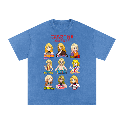Sabrina Carpenter Anime Art Styles Light Blue Acid Wash Tee, Naruto, Bleach, Dragonball Z, Pokémon, One Piece, Sailor Moon, My Hero Academia, Jojo's Bizarre Adventure, Demon Slayer