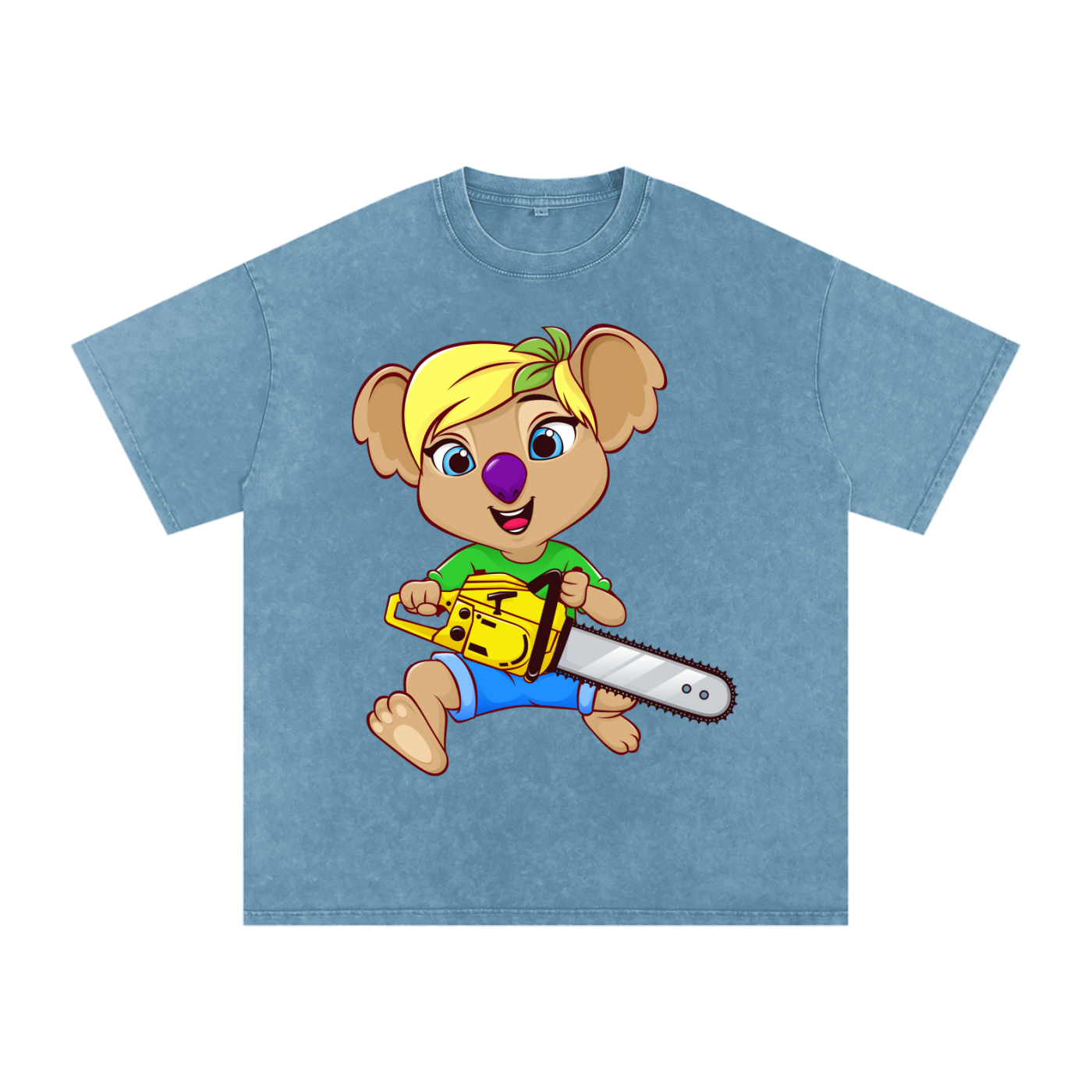 Disney Style Koala Chainsaw Acid Wash Blue Jean Tee