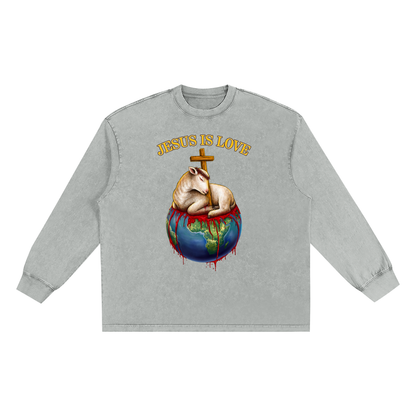 Jesus Is Love Snow Washed Long Sleeve Light Grey Tee