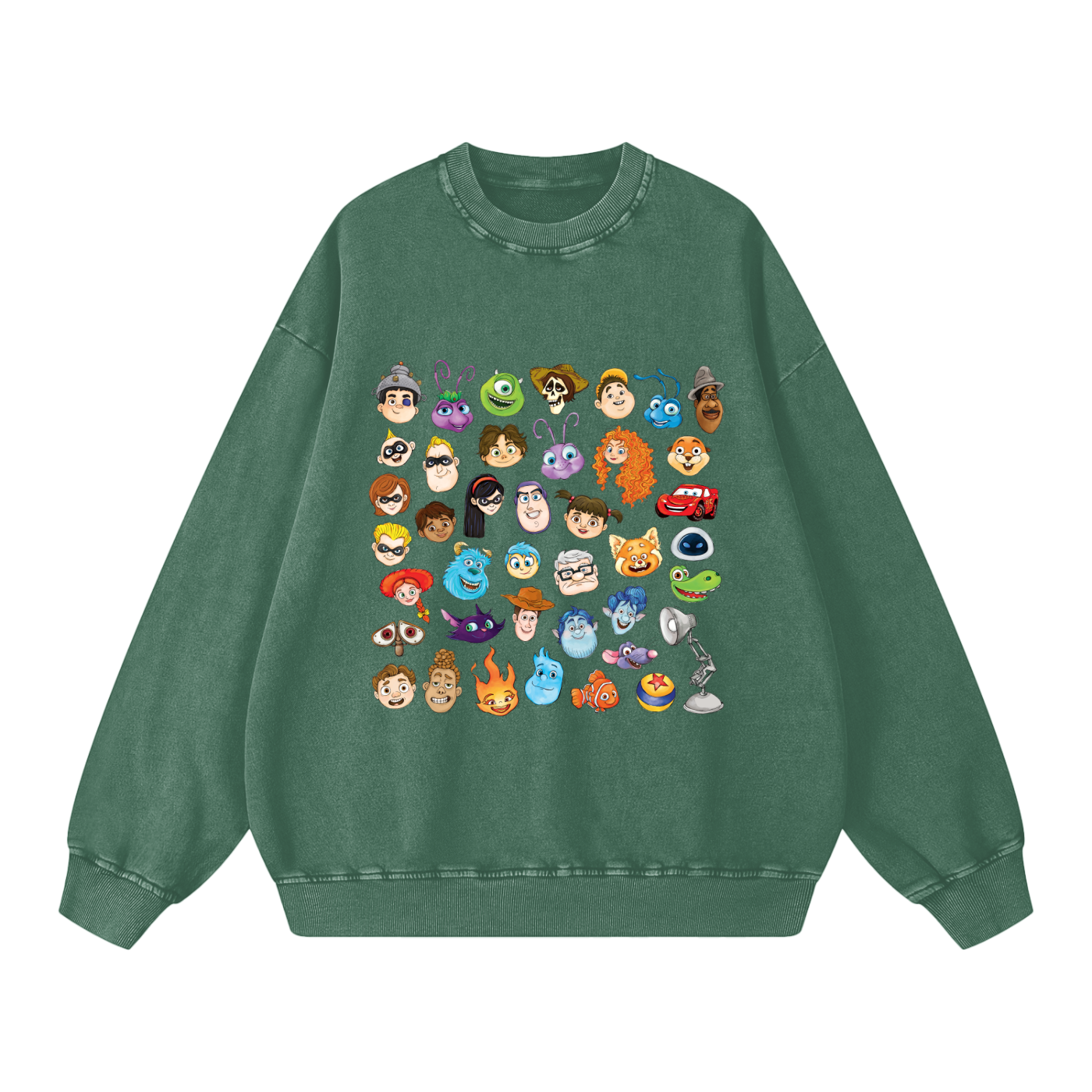 Watercolour Disney Pixar Protagonist Icons Dark Green Acid Wash Sweatshirt, Toy Story, A Bug’s Life, Monsters, Inc., Finding Nemo, The Incredibles, Cars, Ratatouille, WALL-E, Up, Brave, Inside Out, The Good Dinosaur, Coco, Onward, Soul, Luca, Turning Red, Elemental, Elio, Hoppers, Gatto