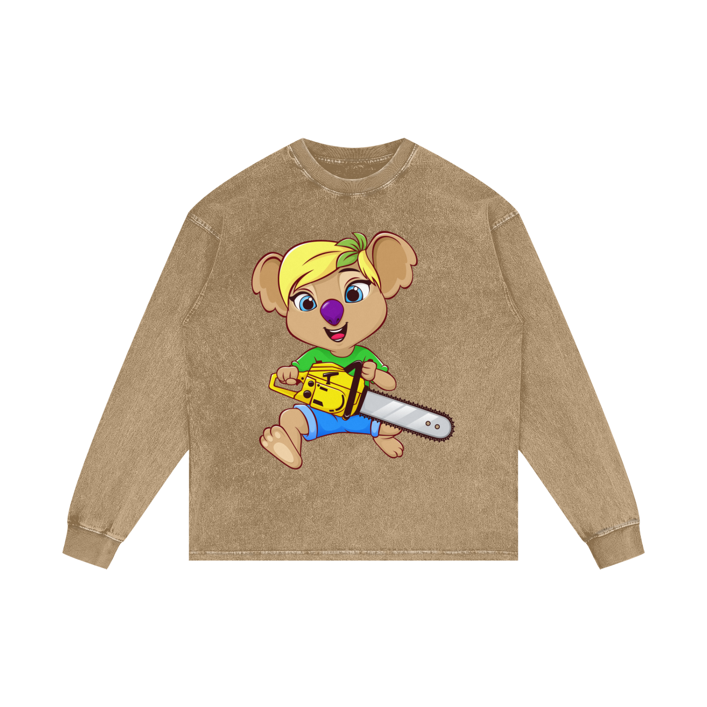 Disney Style Koala Chainsaw Honey Peach Acid Wash Long Sleeve Tee