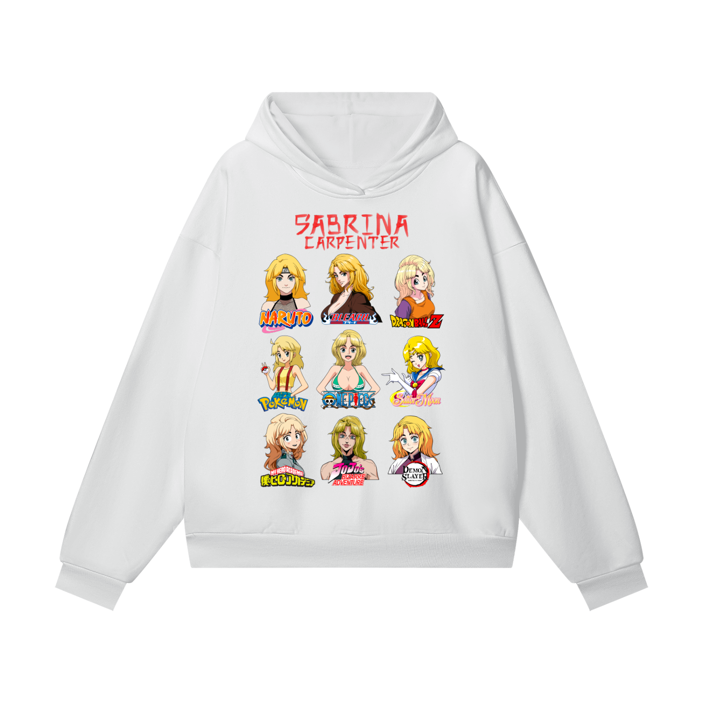 Sabrina Carpenter Anime Art Styles White Hidden Pocket Fleece Hoodie, Naruto, Bleach, Dragonball Z, Pokémon, One Piece, Sailor Moon, My Hero Academia, Jojo's Bizarre Adventure, Demon Slayer