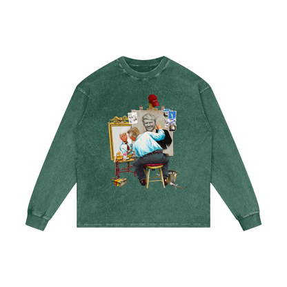 Donald Trump Triple Self Portrait Dark Green Acid Wash Long Sleeve Tee