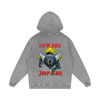 Beware Drop Bear Acid Wash Light Grey Hoodie