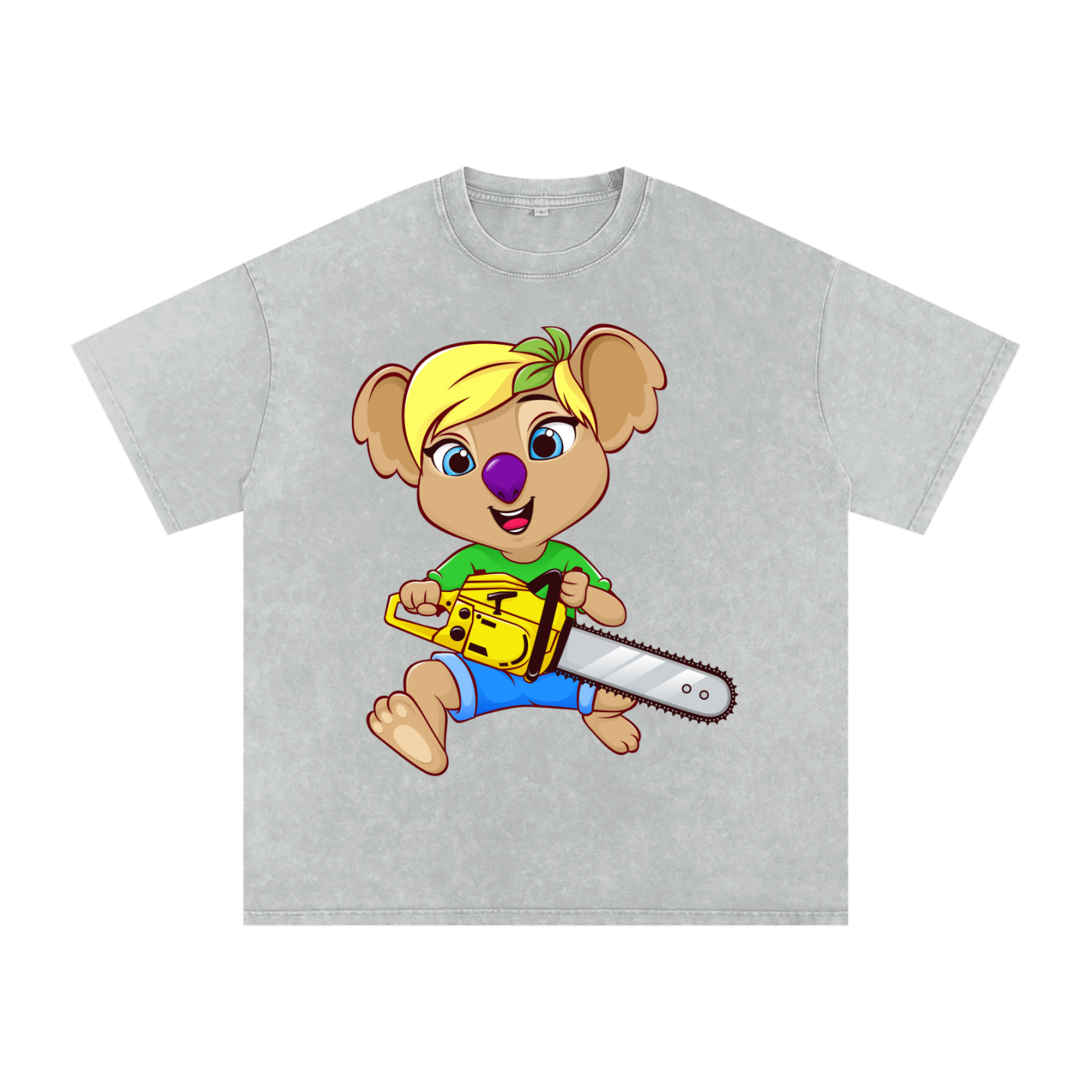 Disney Style Koala Chainsaw Acid Wash Light Grey Tee