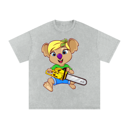 Disney Style Koala Chainsaw Acid Wash Light Grey Tee