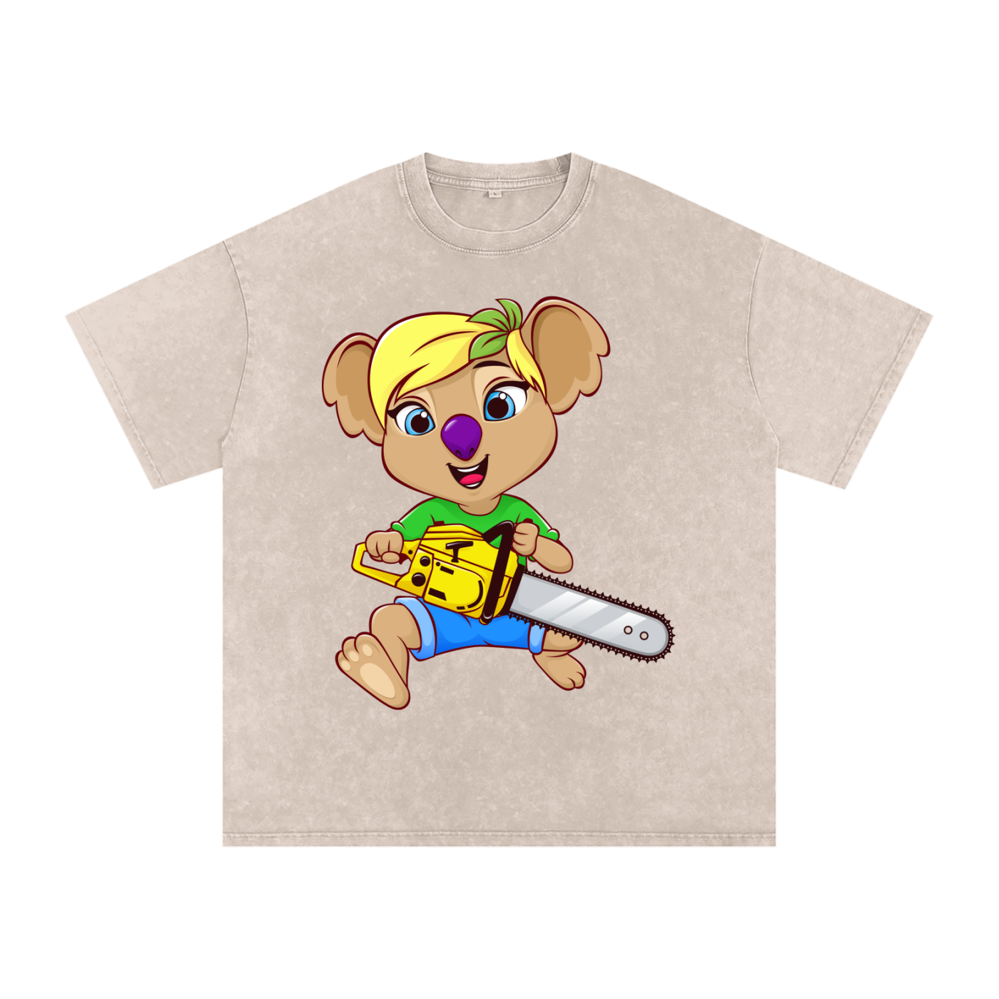 Disney Style Koala Chainsaw Acid Wash Light Khaki Tee
