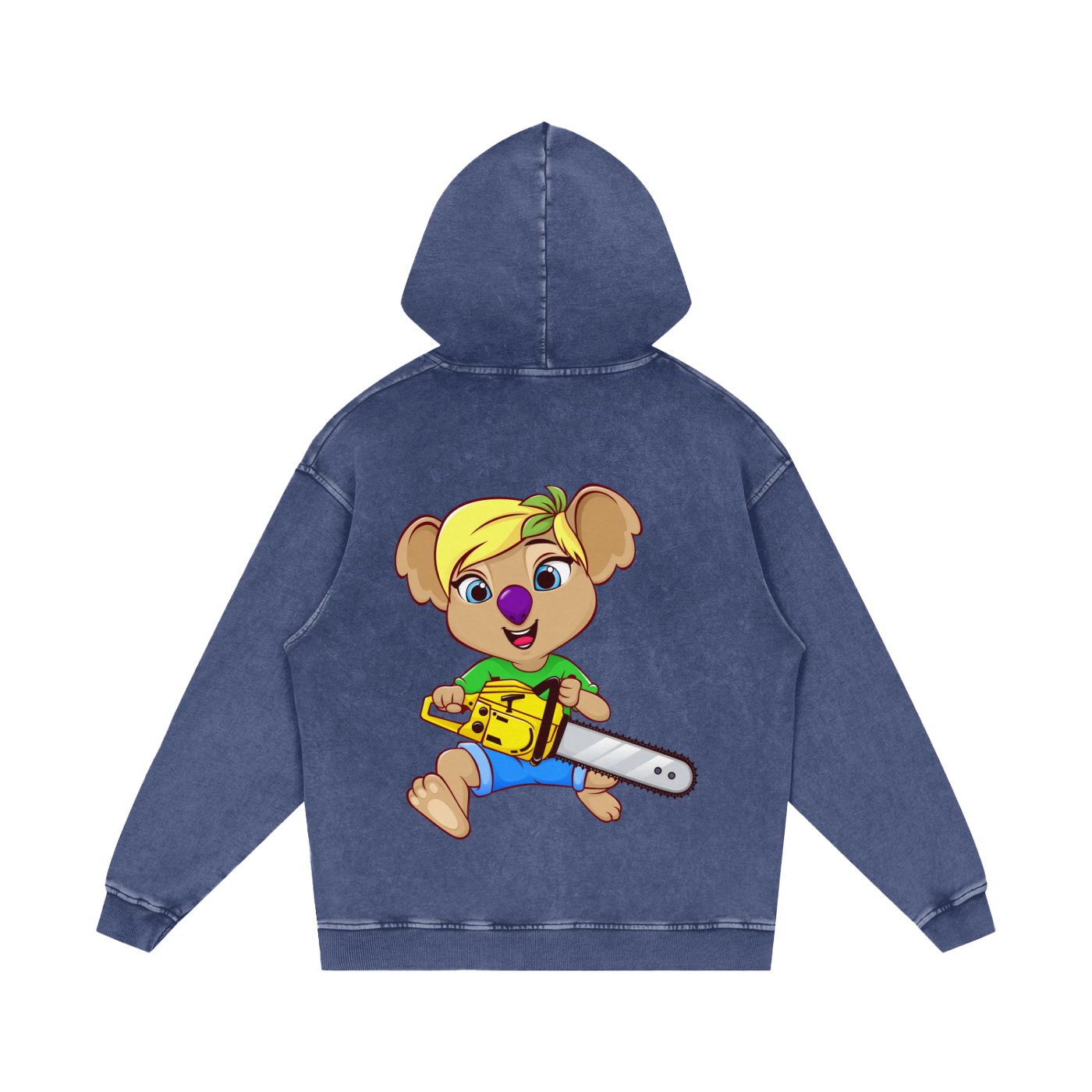Disney Style Koala Chainsaw Acid Wash Indigo Steel Blue Hoodie