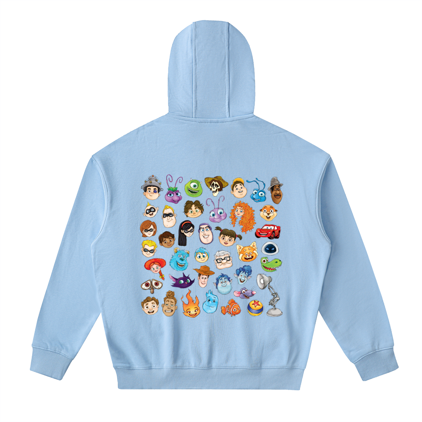 Watercolour Disney Pixar Protagonist Icons Sky Blue Classic Zip-Up Hoodie, Toy Story, A Bug’s Life, Monsters, Inc., Finding Nemo, The Incredibles, Cars, Ratatouille, WALL-E, Up, Brave, Inside Out, The Good Dinosaur, Coco, Onward, Soul, Luca, Turning Red, Elemental, Elio, Hoppers, Gatto