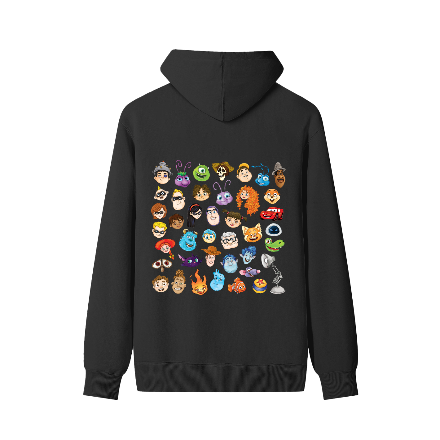 Watercolour Disney Pixar Protagonist Icons Black Classic Hoodie, Toy Story, A Bug’s Life, Monsters, Inc., Finding Nemo, The Incredibles, Cars, Ratatouille, WALL-E, Up, Brave, Inside Out, The Good Dinosaur, Coco, Onward, Soul, Luca, Turning Red, Elemental, Elio, Hoppers, Gatto