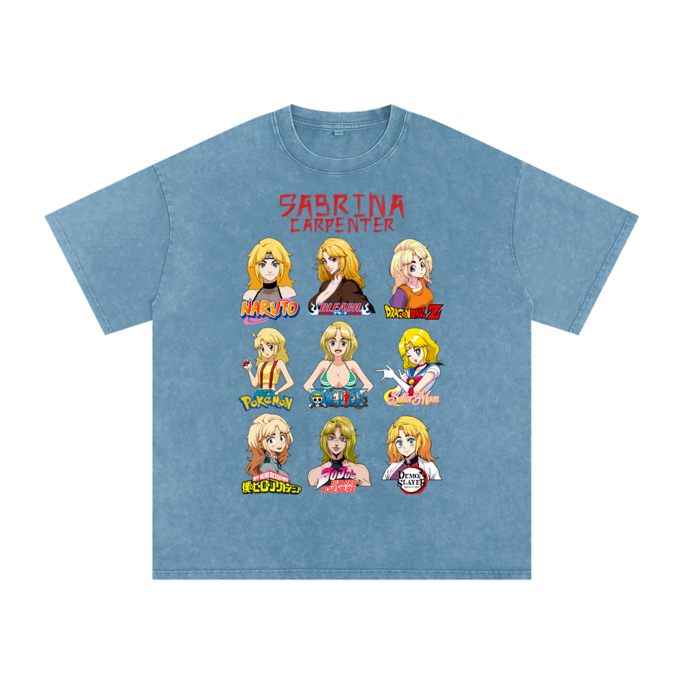 Sabrina Carpenter Anime Art Styles Blue Jeans Acid Wash Tee, Naruto, Bleach, Dragonball Z, Pokémon, One Piece, Sailor Moon, My Hero Academia, Jojo's Bizarre Adventure, Demon Slayer
