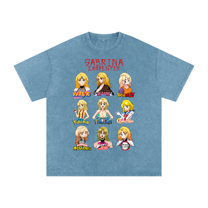 Sabrina Carpenter Anime Art Styles Blue Jeans Acid Wash Tee, Naruto, Bleach, Dragonball Z, Pokémon, One Piece, Sailor Moon, My Hero Academia, Jojo's Bizarre Adventure, Demon Slayer