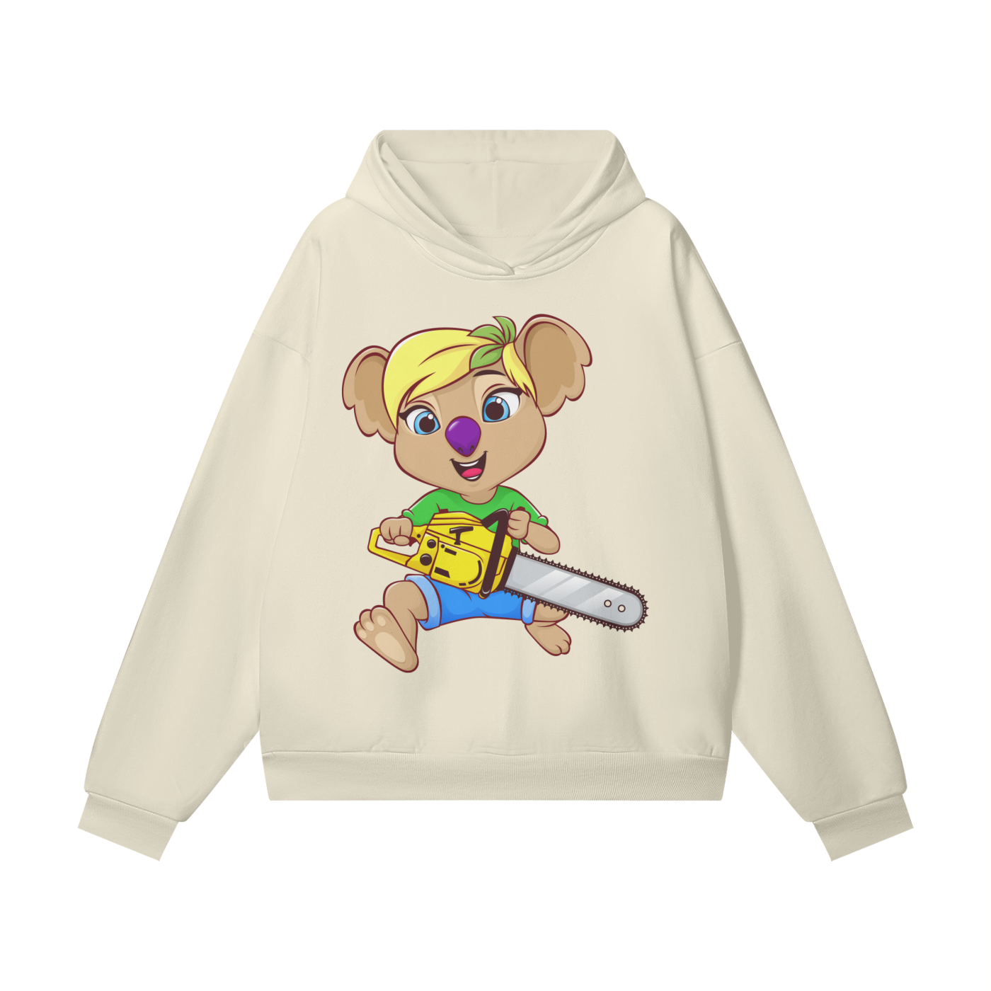 Disney Style Koala Chainsaw Hidden Pocket Fleece Light Khaki Hoodie