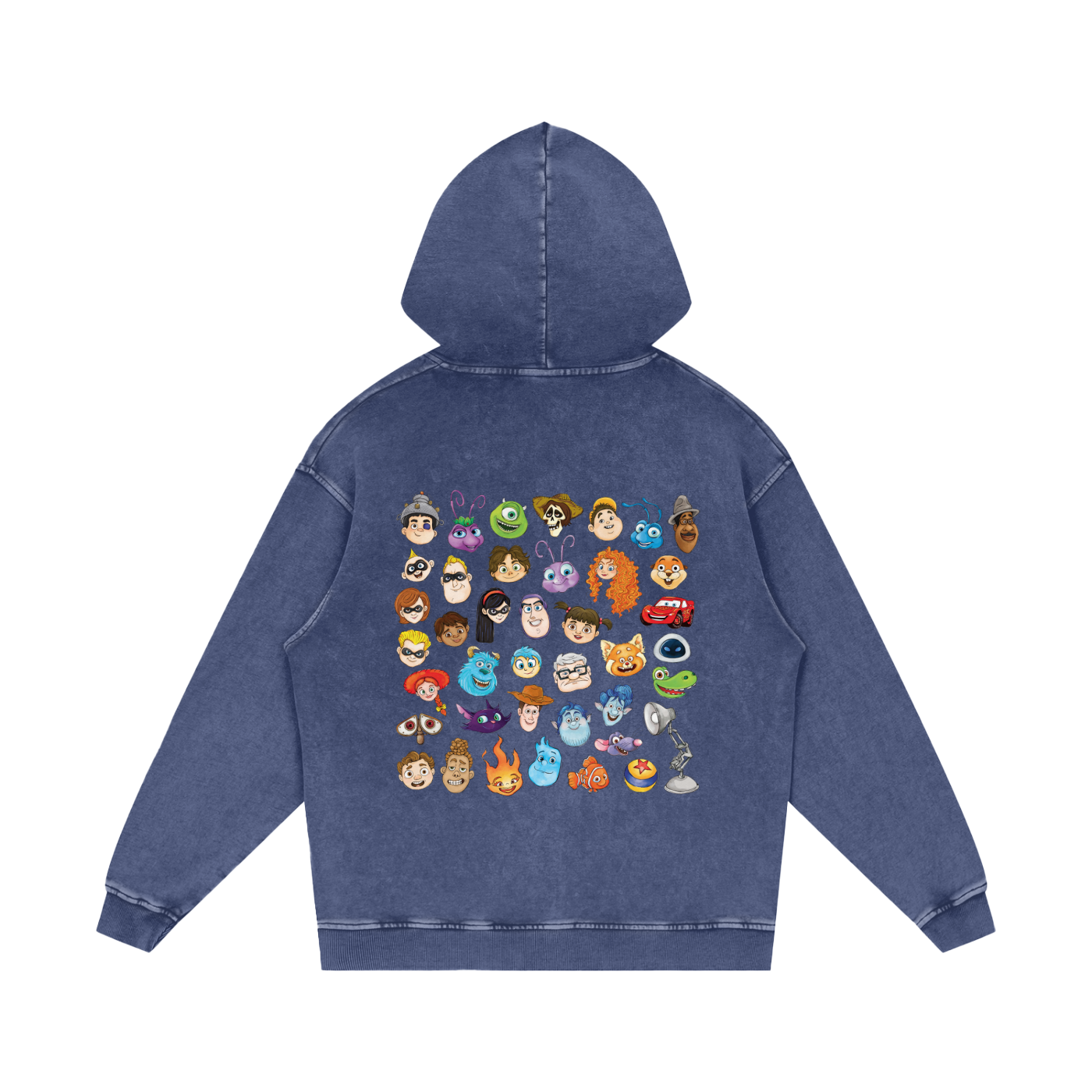 Watercolour Disney Pixar Protagonist Icons Indigo Steel Blue Acid Wash Hoodie, Toy Story, A Bug’s Life, Monsters, Inc., Finding Nemo, The Incredibles, Cars, Ratatouille, WALL-E, Up, Brave, Inside Out, The Good Dinosaur, Coco, Onward, Soul, Luca, Turning Red, Elemental, Elio, Hoppers, Gatto