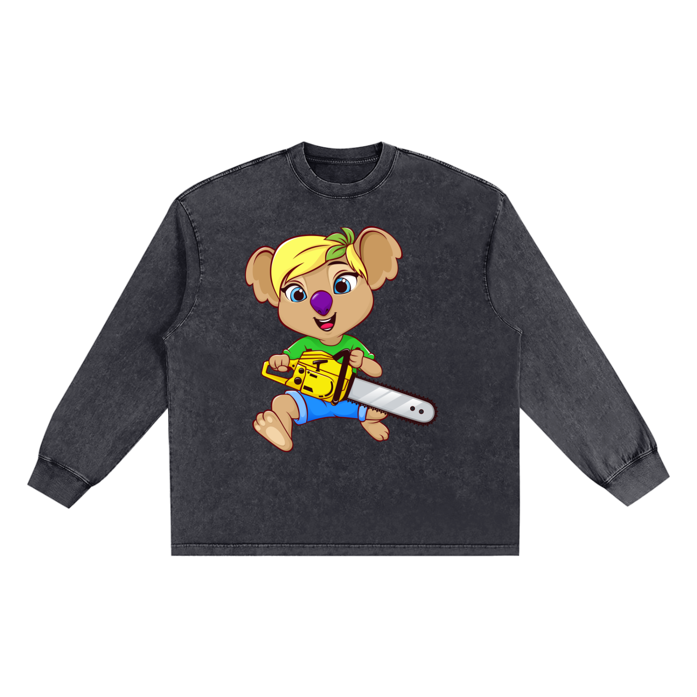 Disney Style Koala Chainsaw Snow Washed Long Sleeve Black Tee