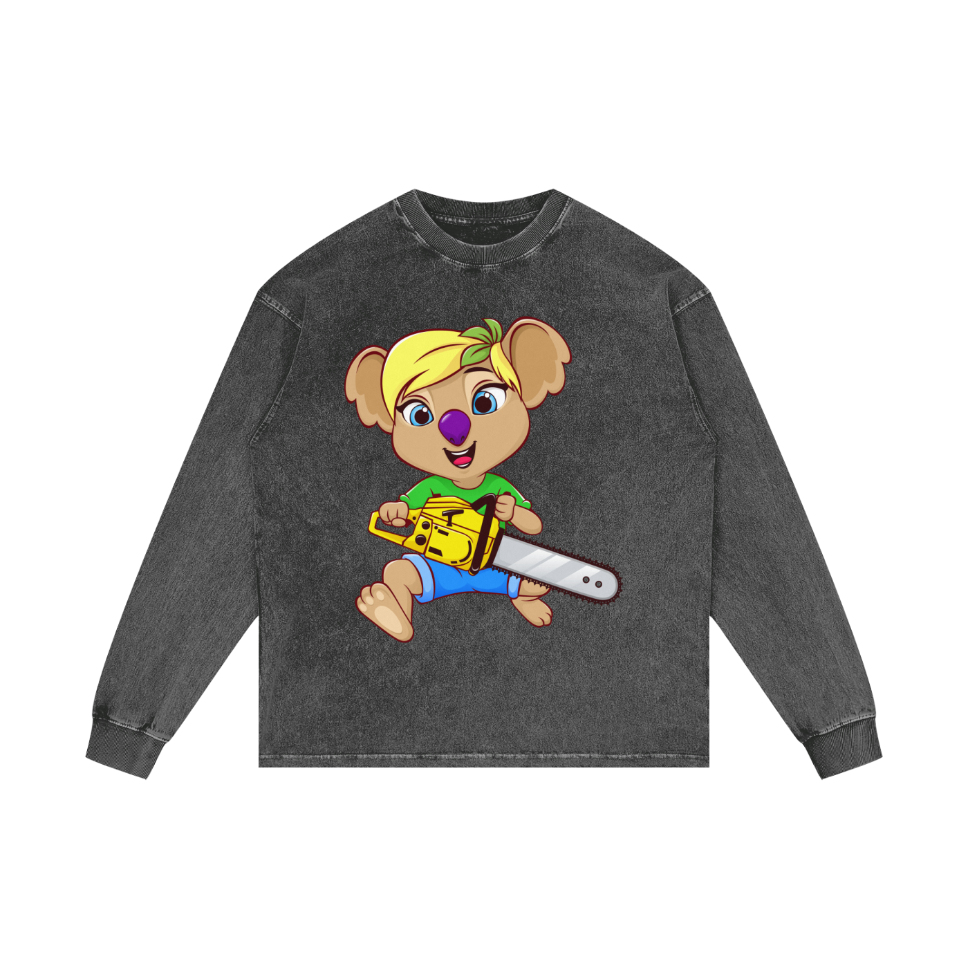 Disney Style Koala Chainsaw Dark Grey Acid Wash Long Sleeve Tee